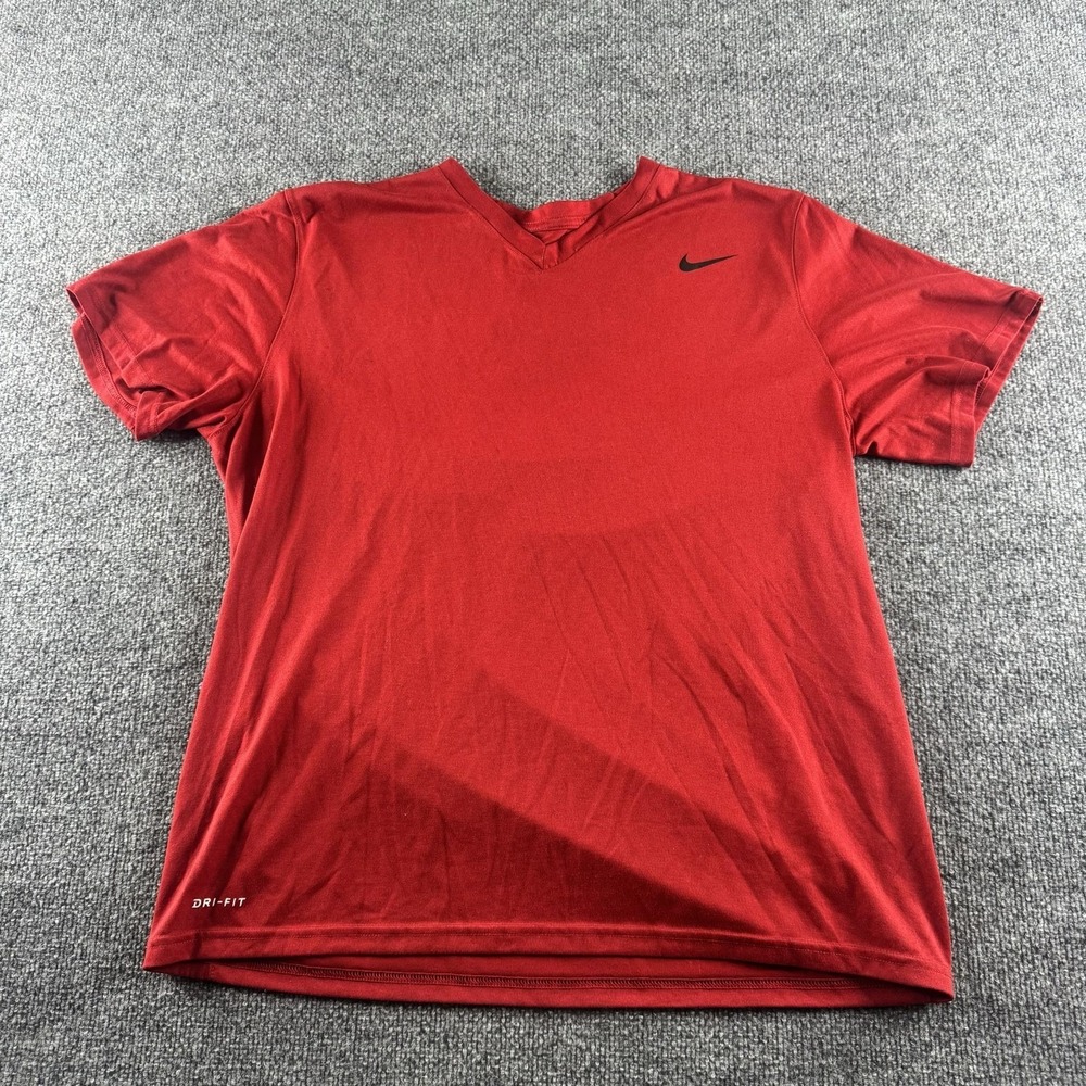 Nike Dri-FIT Shirt Mens XL Red V Neck Short Sleeve Athletic Tee Training Running
